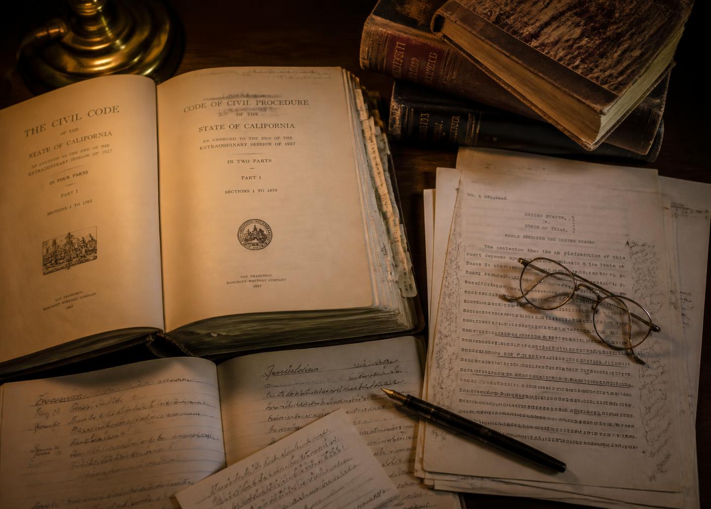 Legal codes, annotated typed filings, and handwritten notes on a dark wooden table under lamplight