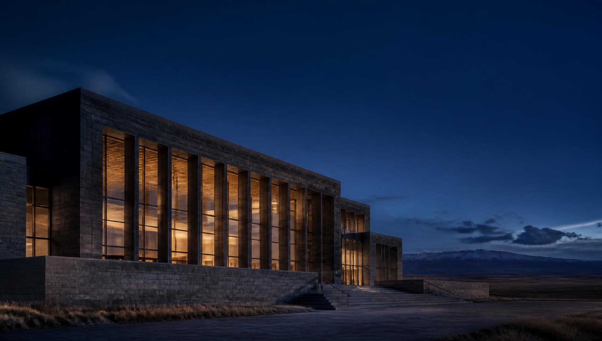 A modern civic institution of dark stone and glass at dusk, lit from within, standing on open plains