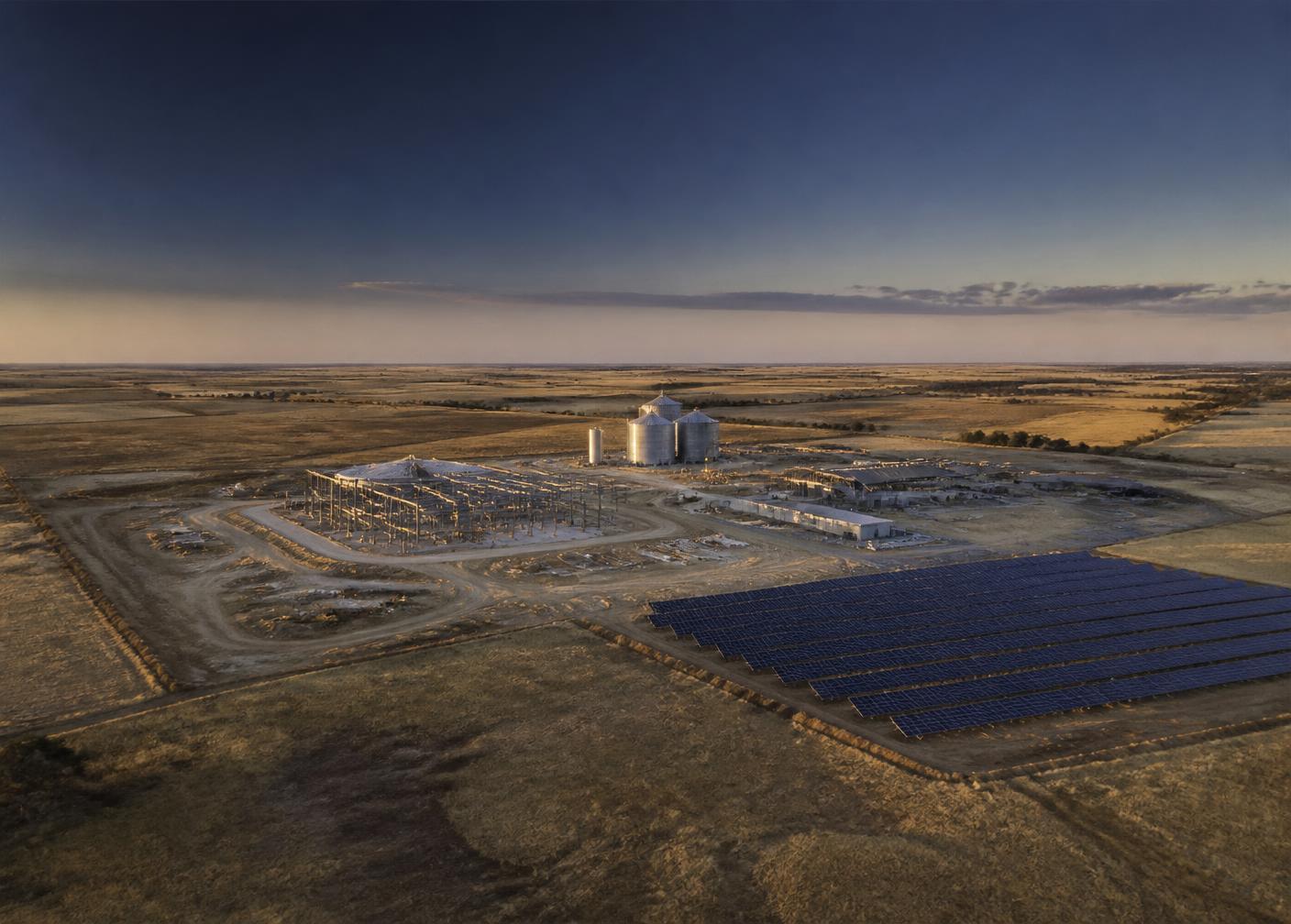 Aerial view of a new community and industrial development with silos and a solar array on open plains at dawn