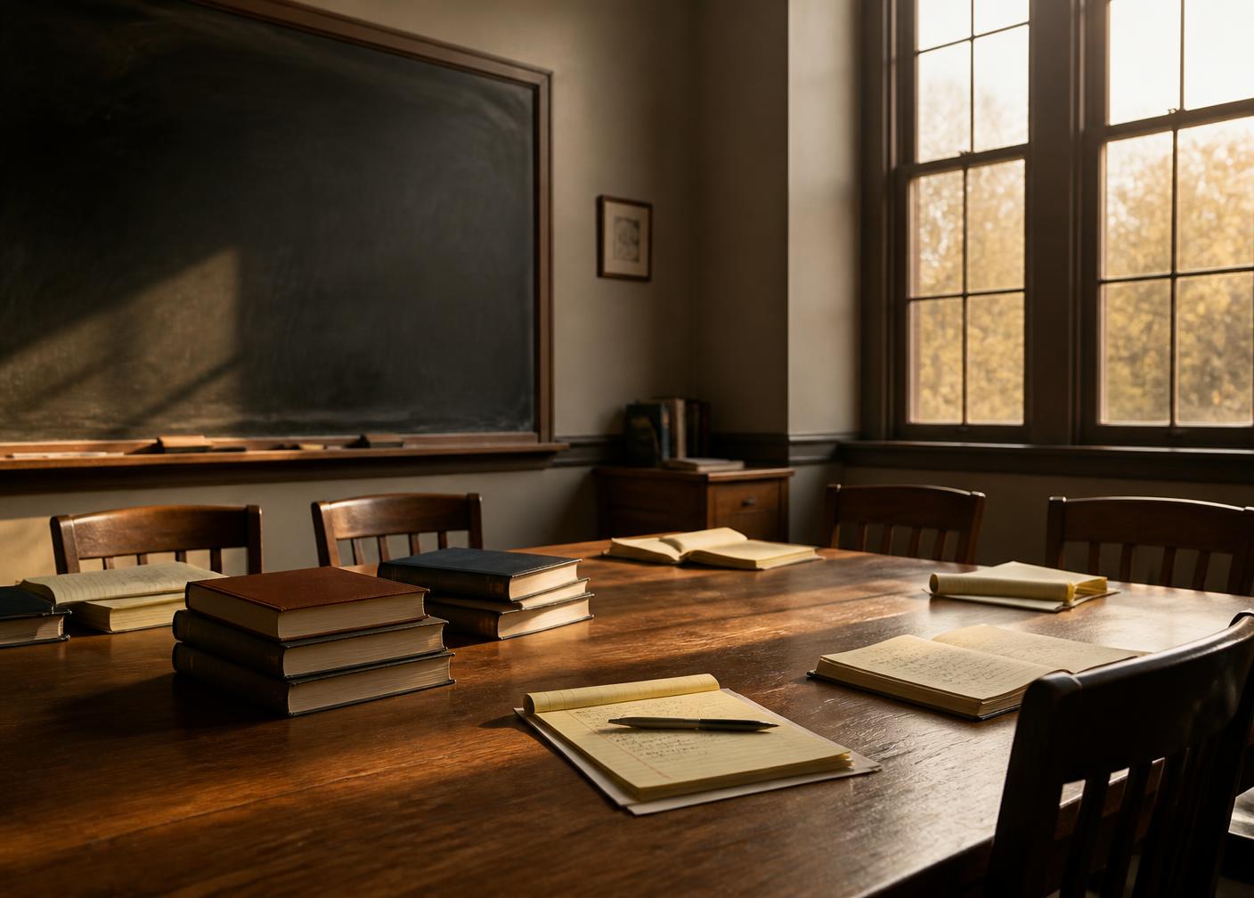 An empty seminar room at golden hour with casebooks and legal pads on a long wooden table