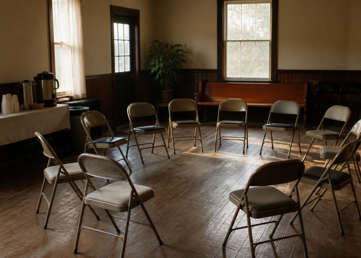A modest community hall with folding chairs arranged in a circle in late afternoon light